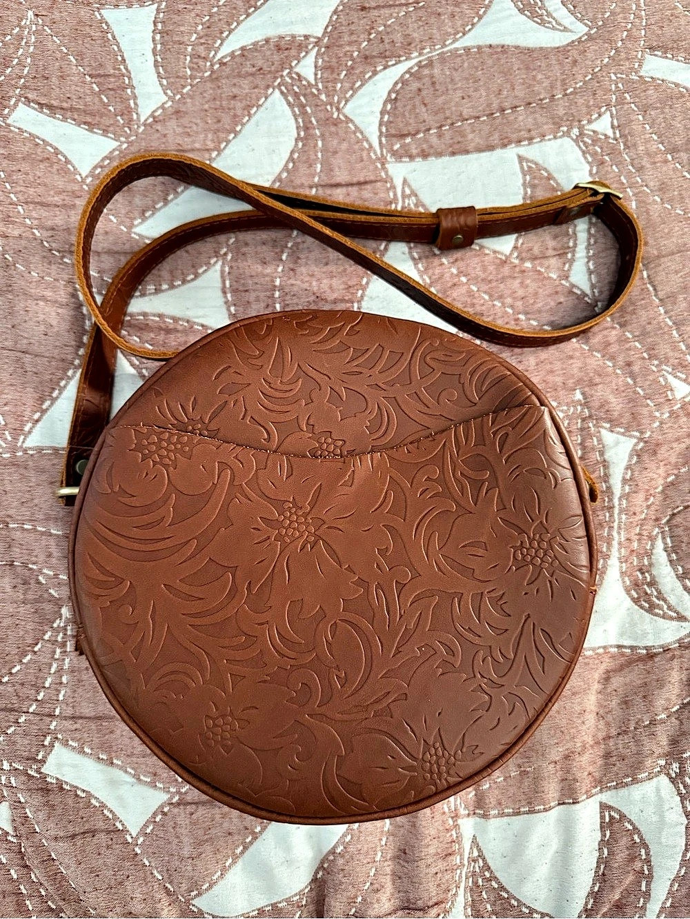 Portland Leather Embossed Round Crossbody in Brown Like New